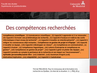 Des	
  compétences	
  recherchées	
  
Faculté des études
Supérieures et postdoctorales
Tiré	
  de	
  FRQ	
  (2013).	
  Pou...