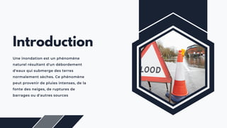 Introduction
Une inondation est un phénomène
naturel résultant d'un débordement
d'eaux qui submerge des terres
normalement sèches. Ce phénomène
peut provenir de pluies intenses, de la
fonte des neiges, de ruptures de
barrages ou d'autres sources
 