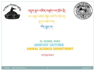 4/24/2017ANS203 BSc Animal Science 1
འབྲུག་རྒྱལ་འཛིན་གཙུག་ལག་སློབ་སྡེ།
རང་འབྱུང་འཐློན་བསྡེད་མཐློ་རིམ་སློབ་གྲྭ།
སྤུ་ན་ཁ་རློང་ཁག།
ལློད་སྦུད་ས།
27/03/2017
 