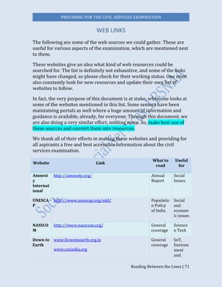 PREPARING FOR THE CIVIL SERVICES EXAMINATION
Reading Between the Lines | 71
WEB LINKS
The following are some of the web sources we could gather. These are
useful for various aspects of the examination, which are mentioned next
to them.
These websites give an idea what kind of web resources could be
searched for. The list is definitely not exhaustive, and some of the links
might have changed, so please check for their working status. One must
also constantly look for new resources and update their own list of
websites to follow.
In fact, the very purpose of this document is at stake, when one looks at
some of the websites mentioned in this list. Some seniors have been
maintaining portals as well where a huge amount of information and
guidance is available, already, for everyone. Through this document, we
are also doing a very similar effort, nothing more. So, make best use of
these sources and convert them into resources.
We thank all of their efforts in making these websites and providing for
all aspirants a free and best accessible information about the civil
services examination.
Website Link
What to
read
Useful
for
Amnest
y
Internat
ional
http://amnesty.org/ Annual
Report
Social
Issues
UNESCA
P
http://www.unescap.org/sdd/ Populatio
n Policy
of India
Social
and
econom
ic issues
NASSCO
M
http://www.nasscom.org/ General
coverage
Science
n Tech
Down to
Earth
www.Downtoearth.org.in
www.cseindia.org
General
coverage
SnT,
Environ
ment
and
 