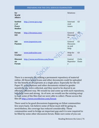 PREPARING FOR THE CIVIL SERVICES EXAMINATION
Reading Between the Lines | 76
for
World
Affairs
Relations
Institut
e of
Peace
Studies
http://www.ipcs.org/ Internati
onal
issues
GS
Forum
IAS
http://forumias.com/ General
Discussio
ns
GS
IAS
Passion
www.iaspassion.com General
Discussio
ns and
Help
GS
IAS
Cracker
www.iaskracker.com Help for
exam
GS
Discussi
on
Forum
http://www.worthview.com/forum Central
Repositor
y
Civils
Exam
There is a necessity for making a permanent repository of material
online. All those notes/scans and other documents could be uploaded
for the benefit of all aspirants at a single place. Especially for the GS
Paper IV, presentations and other documents related to gender
sensitivity etc. were collected, and they need to be shared in an
effective/efficient way. We would try and come up with such repository,
hopefully soon and strong. As of now, we would use the existing setup
to host some of the files that we were able to collect. Please access the
files @ http://www.worthview.com/forum
There used to be good discussions happening on Orkut communities
few years back, I do believe some of these must still be going on,
nevertheless, the coverage has reduced considerably. These
communities used to bridge an important gap and it is now required to
be filled by some other discussion forum. Make sure some of you can
 