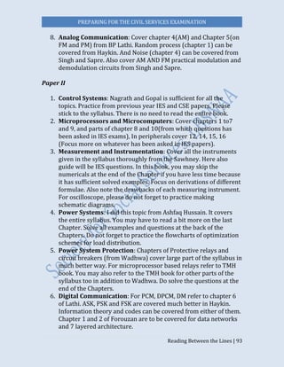 PREPARING FOR THE CIVIL SERVICES EXAMINATION
Reading Between the Lines | 93
8. Analog Communication: Cover chapter 4(AM) and Chapter 5(on
FM and PM) from BP Lathi. Random process (chapter 1) can be
covered from Haykin. And Noise (chapter 4) can be covered from
Singh and Sapre. Also cover AM AND FM practical modulation and
demodulation circuits from Singh and Sapre.
Paper II
1. Control Systems: Nagrath and Gopal is sufficient for all the
topics. Practice from previous year IES and CSE papers. Please
stick to the syllabus. There is no need to read the entire book.
2. Microprocessors and Microcomputers: Cover chapters 1 to7
and 9, and parts of chapter 8 and 10(from which questions has
been asked in IES exams), In peripherals cover 12, 14, 15, 16
(Focus more on whatever has been asked in IES papers).
3. Measurement and Instrumentation: Cover all the instruments
given in the syllabus thoroughly from the Sawhney. Here also
guide will be IES questions. In this book, you may skip the
numericals at the end of the Chapter if you have less time because
it has sufficient solved examples. Focus on derivations of different
formulae. Also note the drawbacks of each measuring instrument.
For oscilloscope, please do not forget to practice making
schematic diagrams.
4. Power Systems: I did this topic from Ashfaq Hussain. It covers
the entire syllabus. You may have to read a bit more on the last
Chapter. Solve all examples and questions at the back of the
Chapters. Do not forget to practice the flowcharts of optimization
schemes for load distribution.
5. Power System Protection: Chapters of Protective relays and
circuit breakers (from Wadhwa) cover large part of the syllabus in
much better way. For microprocessor based relays refer to TMH
book. You may also refer to the TMH book for other parts of the
syllabus too in addition to Wadhwa. Do solve the questions at the
end of the Chapters.
6. Digital Communication: For PCM, DPCM, DM refer to chapter 6
of Lathi. ASK, PSK and FSK are covered much better in Haykin.
Information theory and codes can be covered from either of them.
Chapter 1 and 2 of Forouzan are to be covered for data networks
and 7 layered architecture.
 
