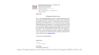 Letter of Appreciation of Dr. Ritula Thakur from Dr. Puppala, NMSU, Clovis, US
 