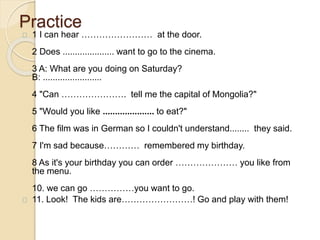 Practice 
1 I can hear …………………… at the door. 
2 Does ..................... want to go to the cinema. 
3 A: What are you doing on Saturday? 
B: ........................ 
4 "Can …………………. tell me the capital of Mongolia?" 
5 "Would you like ..................... to eat?" 
6 The film was in German so I couldn't understand........ they said. 
7 I'm sad because………… remembered my birthday. 
8 As it's your birthday you can order ………………… you like from 
the menu. 
10. we can go ……………you want to go. 
11. Look! The kids are……………………! Go and play with them! 
 