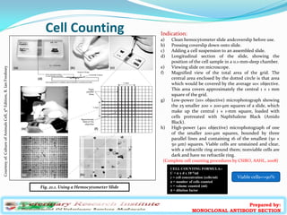 Prepared by:
MONOCLONAL ANTIBODY SECTION
CELL COUNTING FORMULA:-
C = n x d x 10-4/ml
c = cell concentration (cells/ml)
n =...