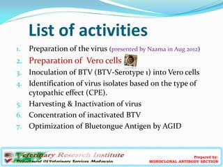 List of activities
1. Preparation of the virus (presented by Naama in Aug 2012)
2. Preparation of Vero cells
3. Inoculatio...