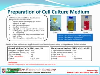 Preparation of Cell Culture Medium
Prepared by:
MONOCLONAL ANTIBODY SECTION
*antibiotics:
Penicillin, Streptomycin, and ka...