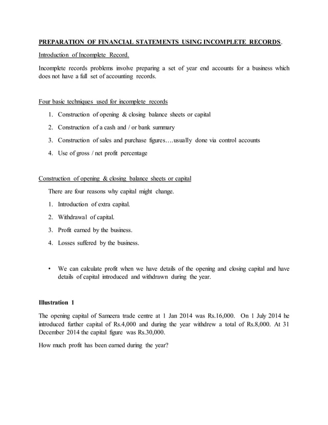 Preparation of financial statements using incomplete records | DOCX ...