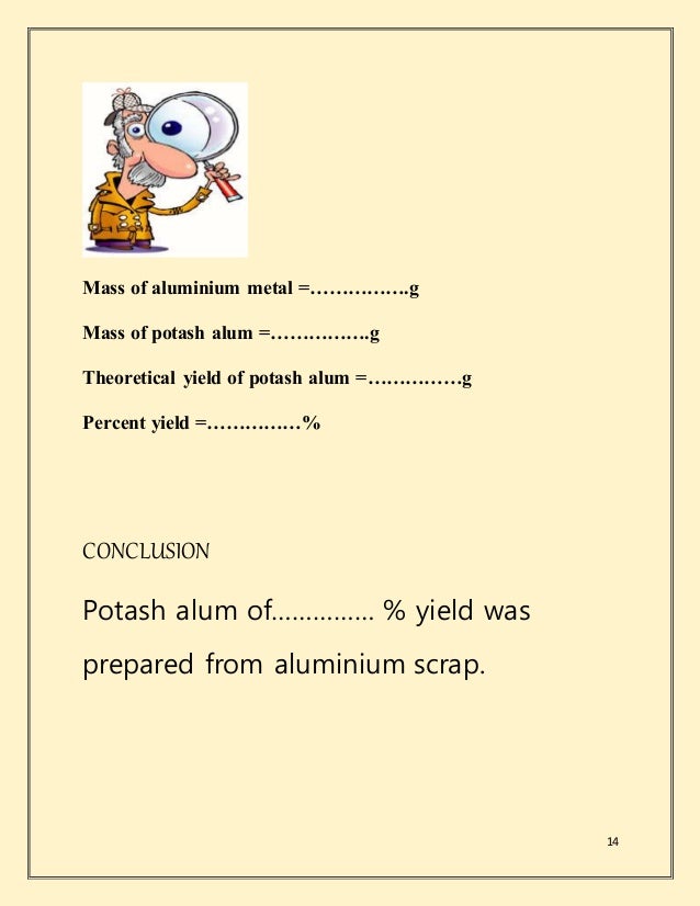 preparation of potash alum An alum / ˈ æ l ə m / is a type in food preparation (in baking powder and pickling), and to fire-proof paper and cloth alumina, and potash. preparation of potash alum An alum / ˈ æ l ə m / is a type in food preparation (in baking powder and pickling), and to fire-proof paper and cloth alumina, and potash.