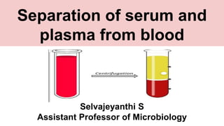 Separation of serum and
plasma from blood
Selvajeyanthi S
Assistant Professor of Microbiology
 