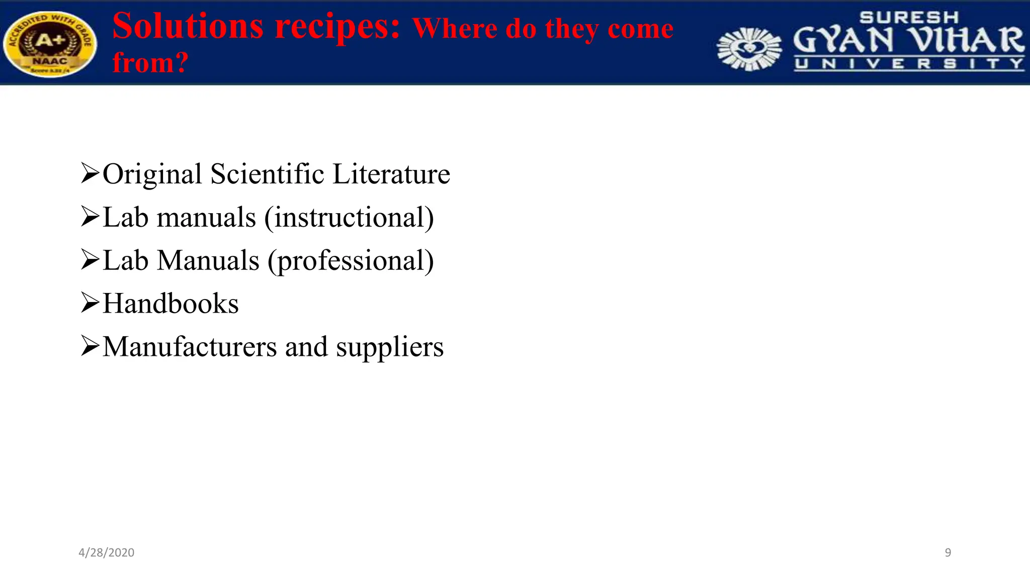Solutions recipes: Where do they come
from?
Original Scientific Literature
Lab manuals (instructional)
Lab Manuals (professional)
Handbooks
Manufacturers and suppliers
9
4/28/2020
 