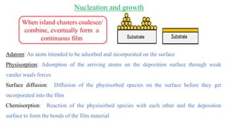 Adatom: An atom intended to be adsorbed and incorporated on the surface
Physisorption: Adsorption of the arriving atoms on the deposition surface through weak
vander waals forces
Surface diffusion: Diffusion of the physisorbed species on the surface before they get
incorporated into the film
Chemisorption: Reaction of the physisorbed species with each other and the deposition
surface to form the bonds of the film material
When island clusters coalesce/
combine, eventually form a
continuous film
Nucleation and growth
 