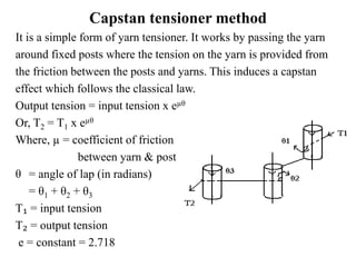 Capstan tensioner method
It is a simple form of yarn tensioner. It works by passing the yarn
around fixed posts where the tension on the yarn is provided from
the friction between the posts and yarns. This induces a capstan
effect which follows the classical law.
Output tension = input tension x eµθ
Or, T2 = T1 x eµθ
Where, µ = coefficient of friction
between yarn & post
θ = angle of lap (in radians)
= θ1 + θ2 + θ3
T₁ = input tension
T₂ = output tension
e = constant = 2.718
 
