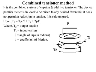 Combined tensioner method
It is the combined system of capstan & additive tensioner. The device
permits the tension level to be raised to any desired extent but it does
not permit a reduction in tension. It is seldom used.
Here, T2 = T1eµθ + T1 + 2µF
Where, T2 = output tension
T1 = input tension
θ = angle of lap (in radians)
µ = coefficient of friction.
 