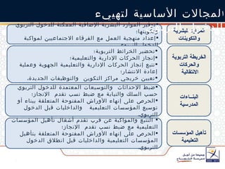 الموارد البشرية والتكوينات توفير الموارد البشرية الإضافية الممكنة للدخول التربوي وتكوينها؛ إعداد منهجية العمل مع الفرقاء الاجتماعيين لمواكبة الدخول التربوي . الخريطة التربوية والحركات الانتقالية  تحضير الخرائط التربوية؛ إنجاز الحركات الإدارية والتعليمية؛ تتبع إنجاز الحركات الإدارية والتعليمية الجهوية وعملية إعادة الانتشار؛ تعيين خريجي مراكز التكوين  والتوظيفات الجديدة . تأهيل المؤسسات التعليمية  التتبع والمواكبة عن قرب تقدم أشغال تأهيل المؤسسات التعليمية مع ضبط نسب تقدم  الإنجاز؛ الحرص على إنهاء الأوراش المفتوحة المتعلقة بتأهيل المؤسسات التعليمية والداخليات قبل انطلاق الدخول التربوي . البنــاءات المدرسية ضبط الإحداثاث  والتوسيعات المعتمدة للدخول التربوي حسب السلك والنيابة مع ضبط نسب تقدم  الإنجاز؛ الحرص على إنهاء الأوراش المفتوحة المتعلقة ببناء أو توسيع المؤسسات التعليمية  والداخليات قبل الدخول التربوي . ا لمجالات الأساسية لتهييء الدخول التربوي 