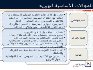 الدعم الاجتماعي اتخاذ كل الإجراءات اللازمة لضمان الاستفادة من الدعم مع انطلاق الموسم الدراسي  ( الداخليات والإطعام المدرسي  -  دور الطالب  -  النقل المدرسي -  اللوازم المدرسية  -  الدعم المالي ...) ؛ عقد اللجن الإقليمية للمنح وإبلاغ التلميذات والتلاميذ بنوعية الدعم الذي سيخصص لهم . التواصل تحليل المقالات الصحافية الخاصة بالدخول التربوي الحالي؛ إعداد العدة التواصلية مع وسائل الإعلام المكتوبة والمسموعة والمرئية؛ إعداد العدة التواصلية الخاصة بمختلف الفرقاء والسلطات؛ التنسيق مع الأكاديميات بخصوص العدة التواصلية للدخول التربوي . التعبئة والشراكة ضمان التعبئة  حول الدخول التربوي؛ تجميع مختلف المعطيات حسب النيابات والأكاديميات؛  عقد وتفعيل الشراكات مع مختلف الشركاء وعلى الخصوص تلك المتعلقة بإحداث المدارس الجماعاتية وسكنيات الأساتذة في الوسط القروي والصحة والأمن الإنساني ... ا لمجالات الأساسية لتهييء الدخول التربوي 