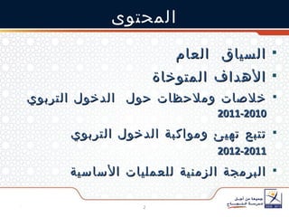 السياق  العام الأهداف المتوخاة خلاصات وملاحظات حول  الدخول التربوي  2010-2011 تتبع تهيئ ومواكبة الدخول التربوي  2011-2012   البرمجة الزمنية للعمليات الأساسية المحتوى 