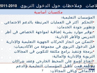 تتجلى هذه المكتسبات من خلال العناصر التالية : الانطلاق الفعلي للدراسة في وقتها المحدد في أغلبية المؤسسات التعليمية؛ التحكم  أكثر في العمليات المرتبطة بالدعم الاجتماعي وتطوير جودة الخدمات؛ توفير موارد بشرية إضافية لمواجهة الخصاص في أطر التدريس والأطر الإدارية؛ التمكن من انجاز الحركات الجهوية التعليمية والإدارية قبل الدخول التربوي في مجموعة من الأكاديميات؛ برمجة وتنفيذ برامج مكثفة للتكوين في المجالات التربوية والإدارية والمالية؛ انفتاح أوسع على المحيط الخارجي وعقد شراكات مختلفة همت تأهيل المؤسسات التعليمية والدعم الاجتماعي وباقي المجالات؛ خلاصات  وملاحظات حول الدخول التربوي  2010-2011 مكتسبات أساسية 