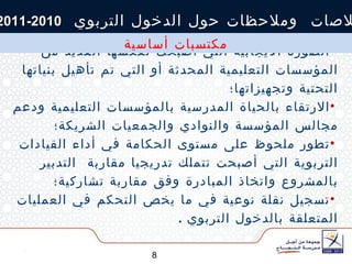 الصورة الايجابية التي أصبحت تعكسها العديد من المؤسسات التعليمية المحدثة أو التي تم تأهيل بنياتها التحتية وتجهيزاتها؛ الارتقاء بالحياة المدرسية بالمؤسسات التعليمية ودعم مجالس المؤسسة والنوادي والجمعيات الشريكة؛ تطور ملحوظ على مستوى الحكامة في أداء القيادات التربوية التي أصبحت تتملك تدريجيا مقاربة  التدبير بالمشروع واتخاذ المبادرة وفق مقاربة تشاركية؛ تسجيل نقلة نوعية في ما يخص التحكم في العمليات المتعلقة بالدخول التربوي  . خلاصات  وملاحظات حول الدخول التربوي  2010-2011 مكتسبات أساسية 