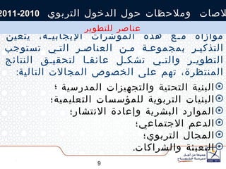 موازاة مع هذه المؤشرات الإيجابية، يتعين التذكير بمجموعة من العناصر التي تستوجب التطوير والتي تشكل عائقا لتحقيق النتائج المنتظرة، تهم على الخصوص المجالات التالية : البنية التحتية والتجهيزات المدرسية  ؛ البنيات التربوية للمؤسسات التعليمية؛ الموارد البشرية وإعادة الانتشار؛ الدعم الاجتماعي؛ المجال التربوي؛ التعبئة والشراكات . خلاصات  وملاحظات حول الدخول التربوي  2010-2011 عناصر للتطوير 