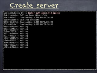 Create server
vagrant@ubuntu-14:~$ docker pull php:7.0.2-apache
7.0.2-apache: Pulling from library/php
03e1855d4f31: Downloading 3.666 MB/51.36 MB
a3ed95caeb02: Download complete
18f8f35c7f98: Downloading 3.311 MB/8.716 MB
252f4816c8e7: Downloading 3.222 MB/69.26 MB
f8ac546f9ad6: Waiting
56eec5affd36: Waiting
8d6aa2f3838f: Waiting
082124b746bb: Waiting
a237f42233ef: Waiting
e532fb3215e9: Waiting
c7e6a0f56f27: Waiting
e1c620b7e144: Waiting
6953fe89923b: Waiting
e5bfe4c72d64: Waiting
 
