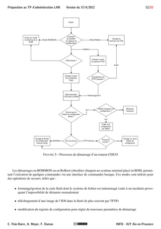 11/52 Version du 17/4/2012 Preparation au TP d'administration LAN 
Barrette de mémoire 
(RAM) 
Carte Flash CPU Motorola 
Emplacements WIC 
(occupé à gauche, libre à droite) 
FIGURE 4 – Vue d’une carte mère d’un 1720 (série 1700) 
Après le POST, le registre de configuration est examiné pour : 
 déterminer comment le routeur doit démarrer : démarrage normal ou dans un autre mode tel que ROM-MON 
(mode monitoring de la ROM), RxBoot (IOS simplifié stocké en ROM sur d’anciens modèles, tels 
que les 2500) ou NetBoot (démarrage par téléchargement du système par TFTP 2) 
 définir les options à utiliser pendant le démarrage. Par exemple, ignorer la configuration de démarrage 
(startup-config), désactiver les messages de démarrage,. . . 
 configurer la vitesse de la console (baud rate) 
- Ce registre de configuration (configuration register) est stocké dans la NVRAM et contient une valeur 
sur 16 bits. Les différents bits du registre indiquent au routeur les paramètres de démarrage. Il est 
modifiable aussi bien en mode ROMMON qu’à travers la CLI de l’IOS. Nous le modifierons durant le 
TP afin de prendre le contrôle du routeur. 
Le cas normal (valeur standard du registre de configuration) correspond à la partie centrale de la figure 5, où : 
1. le BootROM charge l’image IOS stockée dans la carte flash vers la RAM (en la décompressant si néces-saire) 
; 
2. le BootROM cède sa place à l’IOS (le système d’exploitation effectif) qui démarre 
3. Une fois initialisé, l’IOS copie la configuration stockée dans la NVRAM (startup-config) pour l’uti-liser 
en RAM comme configuration courante (running-config). Une autre possibilité (très pratique en 
cas de mauvaise manipulation) est de récupérer cette configuration auprès d’un serveur TFTP, si l’admi-nistrateur 
prudent l’y a sauvegardé. . . 
4. le routeur est alors opérationnel et actif 
2. Trivial File Transfer Protocol (TFTP) est un protocole très simple de téléchargement de fichier, ne nécessitant aucune identifica-tion. 
Il est souvent utilisé dans l’administration des matériels réseau. Notamment en ROMMON, RxBoot ou NetBoot car ces modes ne 
disposent que du système minimal contenu dans la ROM, qui a une faible capacité et peut difficilement contenir le code de protocoles 
plus évolués. 
INFO - IUT Aix-en-Provence C. Pain-Barre, A. Meyer, F. Dumas 
 