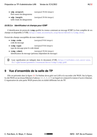 ltre ) 
primitive ::= l’une des primitives ci-dessous 
Exemple 10 
Voici quelques exemples de filtres possibles : 
 ether host 00:21:ab:28:10:c5 
ne retient que les trames dont l’adresse MAC source ou destination est 00:21:ab:28:10:c5 
 tcp port 23 and host 10.0.0.5 
ne retient que le trafic telnet impliquant l’hôte 10.0.0.5 (en tant que serveur ou client) 
 tcp port 23 and not src host 10.0.0.5 
ne retient que le trafic telnet, et ne provenant pas de l’hôte 10.0.0.5 
 host 10.0.0.5 and not (port 80 or port 25) 
ne retient que le trafic hors HTTP et SMTP, impliquant l’hôte 10.0.0.5 
 host 10.0.0.5 and icmp[icmptype] == icmp-echo 
ne retient que les messages ICMP de type ECHO REQUEST dont la source ou la destination est 
10.0.0.5 
Il existe des primitives pour tous les protocoles reconnus par la libpcap. Nous nous limiterons à un sous-ensemble 
des primitives relatives aux protocoles qui nous occupent. 
8.II.A.1 Primitives pour Ethernet 
Ces primitives ne peuvent être vraies que pour les trames Ethernet, FDDI, Token Ring et Wifi. 
 ether host ehost 
vrai si l’adresse MAC source ou destination de la trame Ethernet est ehost 
 ether dst ehost 
vrai si l’adresse MAC destination de la trame Ethernet est ehost 
 ether src ehost 
vrai si l’adresse MAC source de la trame Ethernet est ehost 
 ether proto protocol 
vrai si le champ EtherType de la trame Ethernet est protocol. protocol peut être un nombre ou un nom 
tel que ip, ip6, arp, rarp,. . .Attention toutefois car ces noms sont aussi des mots clés de primitives et 
il faut les protéger avec un backslash 
INFO - IUT Aix-en-Provence C. Pain-Barre, A. Meyer, F. Dumas 
 