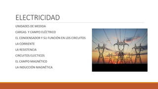 ELECTRICIDAD
UNIDADES DE MEDIDA
CARGAS Y CAMPO ELÉCTRICO
EL CONDENSADOR Y SU FUNCIÓN EN LOS CIRCUITOS
LA CORRIENTE
LA RESISTENCIA
CIRCUITOS ELECTICOS
EL CAMPO MAGNÉTICO
LA INDUCCIÓN MAGNÉTICA
 