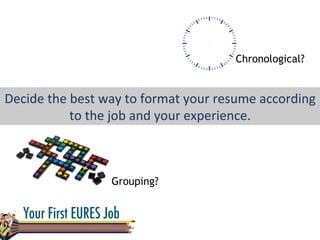 Decide	
  the	
  best	
  way	
  to	
  format	
  your	
  resume	
  according	
  
to	
  the	
  job	
  and	
  your	
  experience.	
  
Chronological?
Grouping?
 