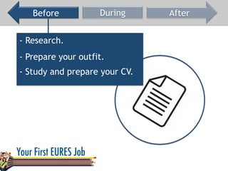 Before During After
- Research.
- Prepare your outfit.
- Study and prepare your CV.
 