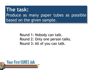 The task:
Produce as many paper tubes as possible
based on the given sample.
Round 1: Nobody can talk.
Round 2: Only one person talks.
Round 3: All of you can talk.
 
