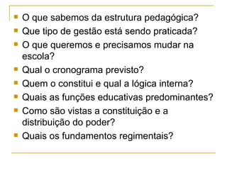 O que sabemos da estrutura pedagógica? Que tipo de gestão está sendo praticada? O que queremos e precisamos mudar na escola? Qual o cronograma previsto? Quem o constitui e qual a lógica interna? Quais as funções educativas predominantes? Como são vistas a constituição e a distribuição do poder? Quais os fundamentos regimentais?  