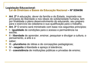 Legislação Educacional:  Lei de Diretrizes e Bases da Educação Nacional  – Nº 9394/96 Art. 2º  A educação, dever da família e do Estado, inspirada nos princípios de liberdade e nos ideais de solidariedade humana, tem por finalidade o pleno desenvolvimento do educando, seu preparo para o exercício da cidadania e sua qualificação para o trabalho. Art. 3 º O ensino será ministrado com base nos seguintes princípios: I -  igualdade  de condições para o acesso e permanência na escola; II -  liberdade  de aprender, ensinar, pesquisar e divulgar a cultura, o pensamento, a arte e o saber; III -  pluralismo  de idéias e de concepções pedagógicas; IV -  respeito  à liberdade e apreço à tolerância; V -  coexistência  de instituições públicas e privadas de ensino; 