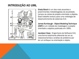 INTRODUÇÃO AO UML
                    Grady Booch é um dos mais atuantes e
                    proeminentes metodologistas da atualidade.
                    Lançou as raízes do projeto orientado a objetos.
                    Esse trabalho evoluiu para uma metologia de
                    desenvolvimento de sistemas O.O.

                    James Rumbaugh : Object-Modeling Technique
                    (OMT) é um método de modelagem e projeto
                    orientado a objetos publicado em 1991.

                    Jacobson Oose : Engenharia de Software O.O,
                    uma forma totalmente diferente de ver os
                    relacionamentos e análise do problema por
                    ter um enfoque na orientação a objeto.
 