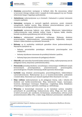 4
Kurs: Zasady wykonywania zabiegów na ciało
Alantoina powszechnie występuje w kiełkach zbóż. Ma nieoceniony wkład
w tworzenie różnego rodzaju maści i zasypek do trudno gojących się ran. Posiada
właściwości kojące i łagodzące podrażnienia;
Aminokwasy wykorzystywane są w kremach i balsamach w postaci mieszanin
z innymi cząstkami;
Antocyjany występują w czarnych jagodach, porzeczce, aronii, ciemnych
winogronach, malwie czarnej. Mają działanie przeciwrodnikowe, przez co
stosowane są do pielęgnacji skóry zanieczyszczonej;
Antybiotyki wytwarzają bakterie oraz pleśnie. Właściwości bakteriobójcze
i bakteriostatyczne mają niekiedy rośliny. Często z łopianu, babki, chmielu,
kocanki czy jałowca pozyskiwany jest sok lub wyciąg;
Azuleny są substancjami pochodzenia roślinnego. Wykazują działanie
przeciwzapalne, bakteriostatyczne, przeciwalergiczne. Najbardziej znanymi
ziołami o takim działaniu są rumianek i krwawnik;
Balsamy są to wydzieliny niektórych gatunków drzew podzwrotnikowych.
Najczęściej spotykane są:
− balsamy peruwiańskie posiadające właściwości przeciwzapalne oraz
aseptyczne;
− balsamy styraksowe stosowane do produkcji lotionów i pudrów;
− balsamy kopa jawa stosowane do pielęgnacji włosów4.
Chlorofil, czyli naturalny barwnik każdej zielonej rośliny, wykorzystywany jest do
pielęgnacji szarej, zmęczonej i podrażnionej skóry;
Flawonoidy posiadają działania: uszczelniające, wzmacniające śródbłonek naczyń
krwionośnych, przeciwgrzybicze, przeciwwirusowe, przeciwzapalne,
przeciwalergiczne. Ponadto zmniejszają skutki oparzenia słonecznego;
Garbniki mają działanie przeciwzapalne, przeciwbiegunkowe, bakteriobójcze
i przeciwkrwotoczne. Wykorzystuje się je w leczeniu hemoroidów, podrażnień
i zranień skóry. Stosowane są w stanach zapalnych błon śluzowych i na rany5;
wykorzystywane są do pielęgnacji twarzy, ciała i włosów. Ich
działanie jest bardzo wszechstronne. ,
Zmi Dodatkowo
u ją
Witaminy w kosmetologii stosowane są do stymulacji syntezy związków
potrzebnych do prawidłowego funkcjonowania skóry. Mogą one brać udział
w takich procesach, jak: nawilżanie, keratynizacja, antyoksydacja, ochrona przed
promieniowaniem (filtry UV), a także mogą blokować powstawanie szkodliwych
4 Czerpak R., Jabłońska-Trypuć A., Roślinne surowce kosmetyczne, Wydawnictwo MedPharm, Wrocław
2008
5 http://notatek.pl/wyklad-garbniki
 