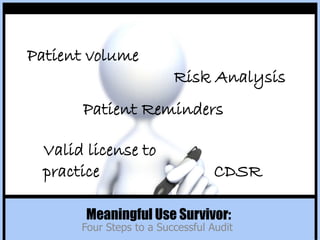 Patient volume
Risk Analysis

Patient Reminders
Valid license to
practice

CDSR

Meaningful Use Survivor:

Four Steps to a Successful Audit

 