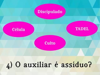 4) O auxiliar é assíduo?
Culto
TADELCélula
Discipulado
 