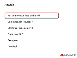 Agenda Por que investir meu dinheiro? Como poupar recursos? Identificar prazo e perfil Onde investir? Exemplos Dúvidas? 