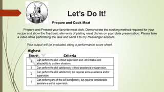 Let’s Do It!
Prepare and Cook Meat
Prepare and Present your favorite meat dish. Demonstrate the cooking method required for your
recipe and show the five basic elements of plating meat dishes on your plate presentation. Please take
a video while performing the task and send it to my messenger account.
Your output will be evaluated using a performance score sheet.
Highest
Score Criteria
 