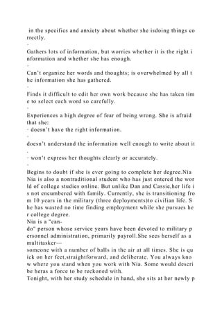 in the specifics and anxiety about whether she isdoing things co
rrectly.
·
Gathers lots of information, but worries whether it is the right i
nformation and whether she has enough.
·
Can’t organize her words and thoughts; is overwhelmed by all t
he information she has gathered.
·
Finds it difficult to edit her own work because she has taken tim
e to select each word so carefully.
·
Experiences a high degree of fear of being wrong. She is afraid
that she:
· doesn’t have the right information.
·
doesn’t understand the information well enough to write about it
.
· won’t express her thoughts clearly or accurately.
·
Begins to doubt if she is ever going to complete her degree.Nia
Nia is also a nontraditional student who has just entered the wor
ld of college studies online. But unlike Dan and Cassie,her life i
s not encumbered with family. Currently, she is transitioning fro
m 10 years in the military (three deployments)to civilian life. S
he has wasted no time finding employment while she pursues he
r college degree.
Nia is a "can-
do" person whose service years have been devoted to military p
ersonnel administration, primarily payroll.She sees herself as a
multitasker—
someone with a number of balls in the air at all times. She is qu
ick on her feet,straightforward, and deliberate. You always kno
w where you stand when you work with Nia. Some would descri
be heras a force to be reckoned with.
Tonight, with her study schedule in hand, she sits at her newly p
 