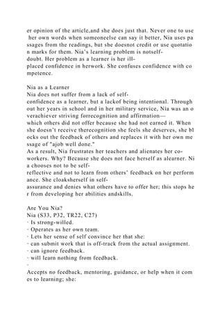 er opinion of the article,and she does just that. Never one to use
her own words when someoneelse can say it better, Nia uses pa
ssages from the readings, but she doesnot credit or use quotatio
n marks for them. Nia’s learning problem is notself-
doubt. Her problem as a learner is her ill-
placed confidence in herwork. She confuses confidence with co
mpetence.
Nia as a Learner
Nia does not suffer from a lack of self-
confidence as a learner, but a lackof being intentional. Through
out her years in school and in her military service, Nia was an o
verachiever striving forrecognition and affirmation—
which others did not offer because she had not earned it. When
she doesn’t receive therecognition she feels she deserves, she bl
ocks out the feedback of others and replaces it with her own me
ssage of "ajob well done."
As a result, Nia frustrates her teachers and alienates her co-
workers. Why? Because she does not face herself as alearner. Ni
a chooses not to be self-
reflective and not to learn from others’ feedback on her perform
ance. She cloaksherself in self-
assurance and denies what others have to offer her; this stops he
r from developing her abilities andskills.
Are You Nia?
Nia (S33, P32, TR22, C27)
· Is strong-willed.
· Operates as her own team.
· Lets her sense of self convince her that she:
· can submit work that is off-track from the actual assignment.
· can ignore feedback.
· will learn nothing from feedback.
·
Accepts no feedback, mentoring, guidance, or help when it com
es to learning; she:
 