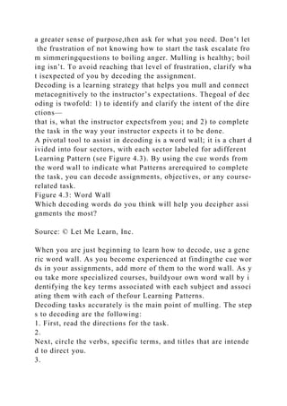 a greater sense of purpose,then ask for what you need. Don’t let
the frustration of not knowing how to start the task escalate fro
m simmeringquestions to boiling anger. Mulling is healthy; boil
ing isn’t. To avoid reaching that level of frustration, clarify wha
t isexpected of you by decoding the assignment.
Decoding is a learning strategy that helps you mull and connect
metacognitively to the instructor’s expectations. Thegoal of dec
oding is twofold: 1) to identify and clarify the intent of the dire
ctions—
that is, what the instructor expectsfrom you; and 2) to complete
the task in the way your instructor expects it to be done.
A pivotal tool to assist in decoding is a word wall; it is a chart d
ivided into four sectors, with each sector labeled for adifferent
Learning Pattern (see Figure 4.3). By using the cue words from
the word wall to indicate what Patterns arerequired to complete
the task, you can decode assignments, objectives, or any course-
related task.
Figure 4.3: Word Wall
Which decoding words do you think will help you decipher assi
gnments the most?
Source: © Let Me Learn, Inc.
When you are just beginning to learn how to decode, use a gene
ric word wall. As you become experienced at findingthe cue wor
ds in your assignments, add more of them to the word wall. As y
ou take more specialized courses, buildyour own word wall by i
dentifying the key terms associated with each subject and associ
ating them with each of thefour Learning Patterns.
Decoding tasks accurately is the main point of mulling. The step
s to decoding are the following:
1. First, read the directions for the task.
2.
Next, circle the verbs, specific terms, and titles that are intende
d to direct you.
3.
 