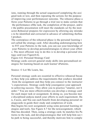 ions, running through the actual sequenceof completing the assi
gned task or test, and then repeating the actions for the purpose
of improving your performanceor outcome. The rehearse phase a
llows your Patterns to go through a trial run to make certain that
the performance ofthe task, the completion of the project, and/o
r the public presentation will meet the standards set by the instr
uctor.Rehearsal prepares for expression by allowing any mistake
s to be identified and corrected in advance of submitting thefina
l product.
The centerpiece of the rehearsal phase is the personal learning t
ool called the strategy card. After decoding andstrategizing how
to FIT your Patterns to the task, you can use your knowledge of
your Patterns to develop personalstrategies to direct your effort
s. The most efficient way to do this is to develop a personal stra
tegy card (see Figure4.6).
Figure 4.6: Personal Strategy Card
Strategy cards convert general study skills into personalized str
ategies for learning based on each learner’sPatterns.
Source: © Let Me Learn, Inc.
Personal strategy cards are essential to effective rehearsal becau
se they help you address the requirements that youhave decoded
from the assignment and they help you connect to the instructor
’s expectations. Strategy cards help youorganize your approach
to achieving success. They allow you to practice "smarter, not h
arder." You are more effectivewhen you develop a strategy card
for each major task or assignment. In doing so, you become mor
e disciplined andyou match your efforts to each requirement. Da
n, Cassie, and Nia can each benefit from developing personal str
ategycards to guide their study and completion of work.
Dan begins his next assignment using some personal learning str
ategies and tools. See Figure 4.7 for the newassignment, which
Dan has decoded. Then, using a strategy card, he matches his Pa
tterns to the task, and developsstrategies that will help him see t
he path to being successful, and thereby motivate him to comple
 