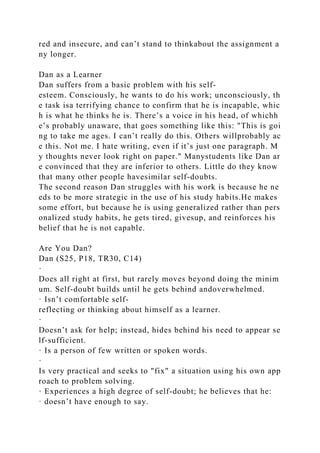 red and insecure, and can’t stand to thinkabout the assignment a
ny longer.
Dan as a Learner
Dan suffers from a basic problem with his self-
esteem. Consciously, he wants to do his work; unconsciously, th
e task isa terrifying chance to confirm that he is incapable, whic
h is what he thinks he is. There’s a voice in his head, of whichh
e’s probably unaware, that goes something like this: "This is goi
ng to take me ages. I can’t really do this. Others willprobably ac
e this. Not me. I hate writing, even if it’s just one paragraph. M
y thoughts never look right on paper." Manystudents like Dan ar
e convinced that they are inferior to others. Little do they know
that many other people havesimilar self-doubts.
The second reason Dan struggles with his work is because he ne
eds to be more strategic in the use of his study habits.He makes
some effort, but because he is using generalized rather than pers
onalized study habits, he gets tired, givesup, and reinforces his
belief that he is not capable.
Are You Dan?
Dan (S25, P18, TR30, C14)
·
Does all right at first, but rarely moves beyond doing the minim
um. Self-doubt builds until he gets behind andoverwhelmed.
· Isn’t comfortable self-
reflecting or thinking about himself as a learner.
·
Doesn’t ask for help; instead, hides behind his need to appear se
lf-sufficient.
· Is a person of few written or spoken words.
·
Is very practical and seeks to "fix" a situation using his own app
roach to problem solving.
· Experiences a high degree of self-doubt; he believes that he:
· doesn’t have enough to say.
 