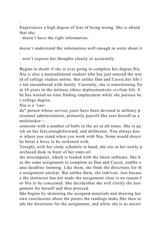 ·
Experiences a high degree of fear of being wrong. She is afraid
that she:
· doesn’t have the right information.
·
doesn’t understand the information well enough to write about it
.
· won’t express her thoughts clearly or accurately.
·
Begins to doubt if she is ever going to complete her degree.Nia
Nia is also a nontraditional student who has just entered the wor
ld of college studies online. But unlike Dan and Cassie,her life i
s not encumbered with family. Currently, she is transitioning fro
m 10 years in the military (three deployments)to civilian life. S
he has wasted no time finding employment while she pursues he
r college degree.
Nia is a "can-
do" person whose service years have been devoted to military p
ersonnel administration, primarily payroll.She sees herself as a
multitasker—
someone with a number of balls in the air at all times. She is qu
ick on her feet,straightforward, and deliberate. You always kno
w where you stand when you work with Nia. Some would descri
be heras a force to be reckoned with.
Tonight, with her study schedule in hand, she sits at her newly p
urchased desk in front of her state-of-
the artcomputer, which is loaded with the latest software. She h
as the same assignment to complete as Dan and Cassie, andthe s
ame deadline looming. Like them, she finds the directions for th
e assignment unclear. But unlike them, she isdriven. Just becaus
e the instructor has not made the assignment clear is no reason f
or Nia to be concerned. She decidesthat she will clarify the assi
gnment for herself and then proceed.
She begins by skimming the assigned materials and drawing her
own conclusions about the points the readings make.She then re
ads the directions for the assignment, and while she is as uncert
 