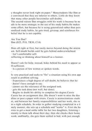 y thoughts never look right on paper." Manystudents like Dan ar
e convinced that they are inferior to others. Little do they know
that many other people havesimilar self-doubts.
The second reason Dan struggles with his work is because he ne
eds to be more strategic in the use of his study habits.He makes
some effort, but because he is using generalized rather than pers
onalized study habits, he gets tired, givesup, and reinforces his
belief that he is not capable.
Are You Dan?
Dan (S25, P18, TR30, C14)
·
Does all right at first, but rarely moves beyond doing the minim
um. Self-doubt builds until he gets behind andoverwhelmed.
· Isn’t comfortable self-
reflecting or thinking about himself as a learner.
·
Doesn’t ask for help; instead, hides behind his need to appear se
lf-sufficient.
· Is a person of few written or spoken words.
·
Is very practical and seeks to "fix" a situation using his own app
roach to problem solving.
· Experiences a high degree of self-doubt; he believes that he:
· doesn’t have enough to say.
· cannot see the relevance of the assigned task.
· gets the task done (not well, but done).
· Begins to doubt his ability to complete his degree.Cassie
Cassie has an assignment due. She doesn’t want to miss the dea
dline or post a paper with errors. Cassie is aconscientious stude
nt, and between her family responsibilities and her work, she ru
ns a tight schedule. In order to gether studying completed in a ti
mely manner, she sets up a schedule and "works" it. First she hu
rries to get a meal onthe table for her two daughters, listening i
ntently to them talk about their day; then she checks their home
work; andfinally, she gets them settled in bed, with just enough
 