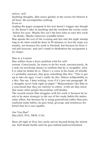 etitive, self-
doubting thoughts, Dan stares glumly at the screen for thenext h
alf hour. He accomplishes nothing.
Even re-
reading the pages assigned in his text doesn’t trigger any though
ts. He doesn’t take in anything and the wordson the screen swim
before his eyes. Maybe this isn’t the best time to start this work
, he thinks. Maybe tomorrow wouldbe better.
Dan spends the rest of the evening and late into the night attemp
ting to do what could be done in 90 minutes or less.He stops eve
ntually, not because his work is finished, but because he feels ti
red and insecure, and can’t stand to thinkabout the assignment a
ny longer.
Dan as a Learner
Dan suffers from a basic problem with his self-
esteem. Consciously, he wants to do his work; unconsciously, th
e task isa terrifying chance to confirm that he is incapable, whic
h is what he thinks he is. There’s a voice in his head, of whichh
e’s probably unaware, that goes something like this: "This is goi
ng to take me ages. I can’t really do this. Others willprobably ac
e this. Not me. I hate writing, even if it’s just one paragraph. M
y thoughts never look right on paper." Manystudents like Dan ar
e convinced that they are inferior to others. Little do they know
that many other people havesimilar self-doubts.
The second reason Dan struggles with his work is because he ne
eds to be more strategic in the use of his study habits.He makes
some effort, but because he is using generalized rather than pers
onalized study habits, he gets tired, givesup, and reinforces his
belief that he is not capable.
Are You Dan?
Dan (S25, P18, TR30, C14)
·
Does all right at first, but rarely moves beyond doing the minim
um. Self-doubt builds until he gets behind andoverwhelmed.
 