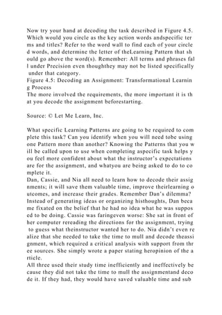 Now try your hand at decoding the task described in Figure 4.5.
Which would you circle as the key action words andspecific ter
ms and titles? Refer to the word wall to find each of your circle
d words, and determine the letter of theLearning Pattern that sh
ould go above the word(s). Remember: All terms and phrases fal
l under Precision even thoughthey may not be listed specifically
under that category.
Figure 4.5: Decoding an Assignment: Transformational Learnin
g Process
The more involved the requirements, the more important it is th
at you decode the assignment beforestarting.
Source: © Let Me Learn, Inc.
What specific Learning Patterns are going to be required to com
plete this task? Can you identify when you will need tobe using
one Pattern more than another? Knowing the Patterns that you w
ill be called upon to use when completing aspecific task helps y
ou feel more confident about what the instructor’s expectations
are for the assignment, and whatyou are being asked to do to co
mplete it.
Dan, Cassie, and Nia all need to learn how to decode their assig
nments; it will save them valuable time, improve theirlearning o
utcomes, and increase their grades. Remember Dan’s dilemma?
Instead of generating ideas or organizing histhoughts, Dan beca
me fixated on the belief that he had no idea what he was suppos
ed to be doing. Cassie was faringeven worse: She sat in front of
her computer rereading the directions for the assignment, trying
to guess what theinstructor wanted her to do. Nia didn’t even re
alize that she needed to take the time to mull and decode theassi
gnment, which required a critical analysis with support from thr
ee sources. She simply wrote a paper stating heropinion of the a
rticle.
All three used their study time inefficiently and ineffectively be
cause they did not take the time to mull the assignmentand deco
de it. If they had, they would have saved valuable time and sub
 