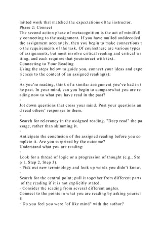 mitted work that matched the expectations ofthe instructor.
Phase 2: Connect
The second action phase of metacognition is the act of mindfull
y connecting to the assignment. If you have mulled anddecoded
the assignment accurately, then you begin to make connections t
o the requirements of the task. Of coursethere are various types
of assignments, but most involve critical reading and critical wr
iting, and each requires that youinteract with text.
Connecting to Your Reading
Using the steps below to guide you, connect your ideas and expe
riences to the content of an assigned reading(s):
·
As you’re reading, think of a similar assignment you’ve had in t
he past. In your mind, can you begin to comparewhat you are re
ading now to what you have read in the past?
·
Jot down questions that cross your mind. Post your questions an
d read others’ responses to them.
·
Search for relevancy in the assigned reading. "Deep read" the pa
ssage, rather than skimming it.
·
Anticipate the conclusion of the assigned reading before you co
mplete it. Are you surprised by the outcome?
Understand what you are reading:
·
Look for a thread of logic or a progression of thought (e.g., Ste
p 1, Step 2, Step 3).
· Pick out new terminology and look up words you didn’t know.
·
Search for the central point; pull it together from different parts
of the reading if it is not explicitly stated.
· Consider the reading from several different angles.
Connect to the points in what you are reading by asking yoursel
f:
· Do you feel you were "of like mind" with the author?
 
