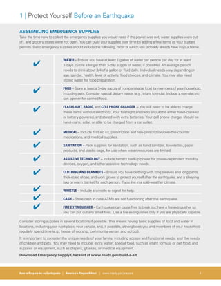 How to Prepare for an Earthquake | America’s PrepareAthon! | www.ready.gov/prepare 6
1 | Protect Yourself Before an Earthquake
ASSEMBLING EMERGENCY SUPPLIES
Take the time now to collect the emergency supplies you would need if the power was out, water supplies were cut
off, and grocery stores were not open. You can build your supplies over time by adding a few items as your budget
permits. Basic emergency supplies should include the following, most of which you probably already have in your home.
4
WATER – Ensure you have at least 1 gallon of water per person per day for at least
3 days. (Store a longer than 3-day supply of water, if possible). An average person
needs to drink about 3/4 of a gallon of fluid daily. Individual needs vary depending on
age, gender, health, level of activity, food choices, and climate. You may also need
stored water for food preparation.
4 FOOD – Store at least a 3-day supply of non-perishable food for members of your household,
including pets. Consider special dietary needs (e.g., infant formula). Include a non-electric
can opener for canned food.
4 FLASHLIGHT, RADIO, and CELL PHONE CHARGER – You will need to be able to charge
these items without electricity. Your flashlight and radio should be either hand-cranked
or battery-powered, and stored with extra batteries. Your cell phone charger should be
hand-crank, solar, or able to be charged from a car outlet.
4 MEDICAL – Include first aid kit, prescription and non-prescription/over-the-counter
medications, and medical supplies.
4 SANITATION – Pack supplies for sanitation, such as hand sanitizer, towelettes, paper
products, and plastic bags, for use when water resources are limited.
4 ASSISTIVE TECHNOLOGY – Include battery backup power for power-dependent mobility
devices, oxygen, and other assistive technology needs.
4 CLOTHING AND BLANKETS – Ensure you have clothing with long sleeves and long pants,
thick-soled shoes, and work gloves to protect yourself after the earthquake, and a sleeping
bag or warm blanket for each person, if you live in a cold-weather climate.
4 WHISTLE – Include a whistle to signal for help.
4 CASH – Store cash in case ATMs are not functioning after the earthquake.
4 FIRE EXTINGUISHER – Earthquakes can cause fires to break out; have a fire extinguisher so
you can put out any small fires. Use a fire extinguisher only if you are physically capable.
Consider storing supplies in several locations if possible. This means having basic supplies of food and water in
locations, including your workplace, your vehicle, and, if possible, other places you and members of your household
regularly spend time (e.g., house of worship, community center, and school).
It is important to consider the unique needs of your family, including access and functional needs, and the needs
of children and pets. You may need to include: extra water; special food, such as infant formula or pet food; and
supplies or equipment, such as diapers, glasses, or medical equipment.
Download Emergency Supply Checklist at www.ready.gov/build-a-kit.
 